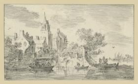 Ortschaft an einem Fluss, aus der ein viereckiger Turm mit spitzem Dach emporragt. Rechts eine zum Wasser herabführende Treppe, vor welcher ein Boot mit drei Personen liegt.