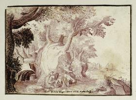 Felsige Waldlandschaft. Vorn kauert eineFrau, (Hagar?) der ein Engel von rechts her eine Botschaft bringt