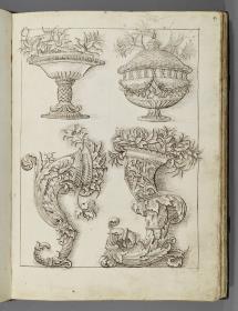 Codex Mantegna, zwei Gefäße und zwei geschwungene Stützen