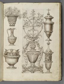 Codex Mantegna, ein Groteskenornament und fünf Gefäße