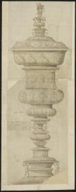 großer Prunkpokal mit Justicia-Figur auf dem Deckel