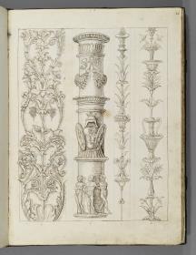 Codex Mantegna, drei Groteskenornamente und ein Rundpfeiler