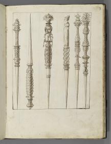 Codex Mantegna, sechs Stiletten mit verzeirten Griffen