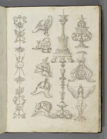 Codex Mantegna, Grotesken, Helme, Kandelaber, Gefäß