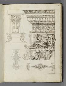 Codex Mantegna, Kessel mit Dreifuß, Leier, Gorgonenhaupt, Trophäen mitr Gebälk