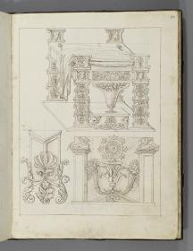 Codex Mantegna, Darstellung eines Throns und von zwei Ornamenten