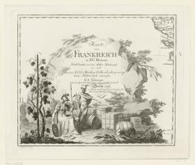 Athena und Merkur zwischen vielen Fässern und Paketen. Titelbatt zu Karte von Frankreich in 16 Blättern