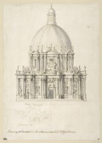 Fassadenentwurf, S. Giovanni, Laterano, Ansicht, halbseitiger  Grundriss