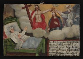 Der Allerheyligsten dreyfaltigkeit dan Unser Lieben Frauen zu lob und danck hat die dugentsame Jungfrau Maria Elisabeth Pöhlin in einer schweren Kranckheit dies Dafel alhero anno 1694.