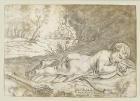 Stammbuchblatt: Cupido, liegend, schlafend. Links Ausblick auf waldige Landschaft