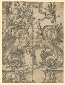 Glasmalerei / Riss, Wappen der Stadt Basel umrahmt von Frauenfiguren und Fabelwesen (Hahn mit Drachenschwanz)