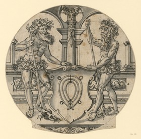 Entwurf für eine runde Kabinettscheibe, zwei Männer halten das Wappen der Basler Gesellschaft zur Hären, dahinter korinthische Säulenarkade