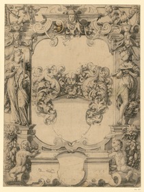 Wappen mit leerem Schild. An der Umrahmung stehen l. u. r. zwei Frauen mit Palme und Buch, in den Ecken vier Putten und Girlanden.