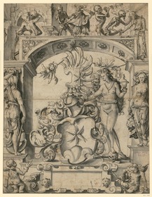 Recto: Wappen mit Stern, daneben Tod und nackte Frauenfigur