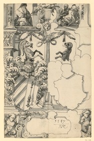 Glasmalerei, Zwei Wappen in architektonischer Umrahmung, Steinbock und Hund als Helmzier