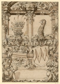 zwei Wappen (Meiß und von Ulm) vor Säulenkolonnade mit Frauenfiguren