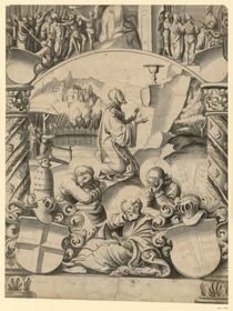 Glasmalerei, Christus am Ölberg mit Jüngern, Wappen von Andlau und Pfau von Rietburg