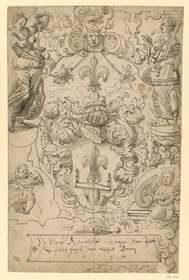 Glasmalerei, Wappen mit Lilie und Säge