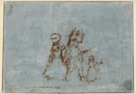Skizze zu einem Interieur (?) & Illustrationsentwurf zu Clemens Brentanos Märchen "Gockel, Hinkel und Gackeleia" (vom recto durchscheinend)
