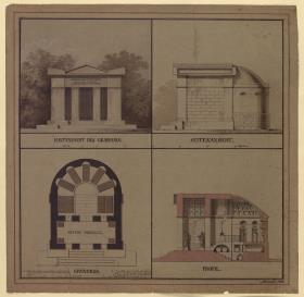 Entwurf zu einem Mausoleum. Grundriss, Ansichten und Längsschnitt