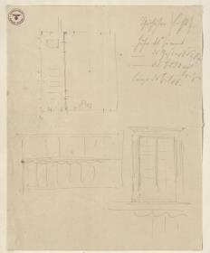 Berlin, Unter den Linden. Königliches Palais. Skizze zum Einbau einer Kapelle im ehemaligen Thronsaal der Königin Luise. Grundriss, Wandfeld und ein zu öffnendes Blindfenster