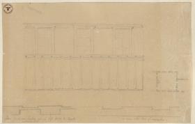 Berlin, Unter den Linden. Königliches Palais. Skizze zum Einbau einer Kapelle im ehemaligen Thronsaal der Königin Luise. Grundriss des Saales, Wandaufriss und Wandschnitte