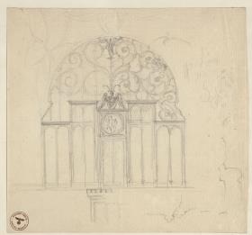Berlin. Schloss, Wohnung Kronprinz Friedrich Wilhelms IV. von Preußen, Erasmuskapelle. Einrichtung zum Arbeitszimmer des Kronprinzen. Skizze zur Ausfüllung des Bogens zum Chor