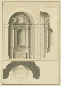 Altar in halbrunder Nische, Aufriss, Querschnitt und Grundriss