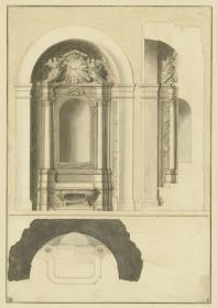 Altar in halbrunder Nische, Aufriss, Querschnitt und Grundriss