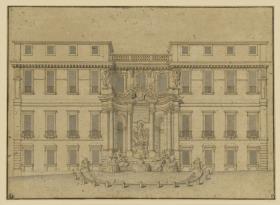 Entwurfsvariante für Fontana di Trevi, Rom, Ansicht mit zweiflügeliger Fassade