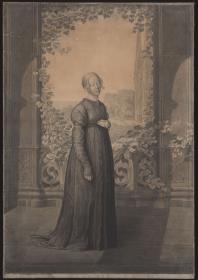 Susanne Schinkel in einem altdeutschen Kleid vor einer gotischen Architektur, im Hintergrund eine Landschaft mit einer gotischen Kathedrale