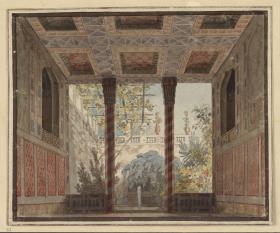 Axur, König von Ormus. Oper von Antonio Salieri. Entwurf zur 6. Dekoration. Gartenzimmer der Astasia