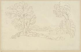 Landschaft mit Meeresbucht, Gebäudegruppe im Hintergrund