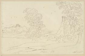 Landschaft mit Tempelruinen, Meeresbucht im Hintergrund