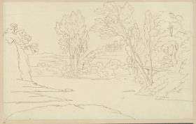 Landschaft mit Gewässer, Gebäudegruppe im Hintergrund