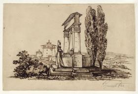 Ziehbrunnen mit weiblicher Staffagefigur, Landschaft mit zwei Rundtürmen im Hintergrund