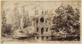 Zweigeschossige gotische Gartenhalle am Wasser