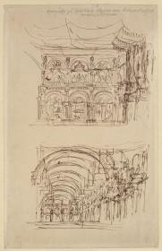 Agnes von Hohenstaufen. Oper von Gaspare Spontini. Vorstudien zu den Entwürfen der 3. und 7. Dekoration. Saalwand und Saal