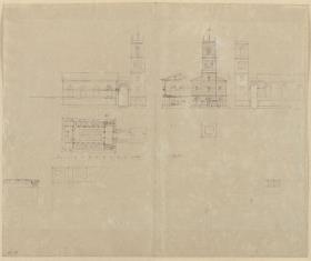 Kirchenentwurf mit isoliertem Westturm. Grundriss, Ansichten und Querschnitt