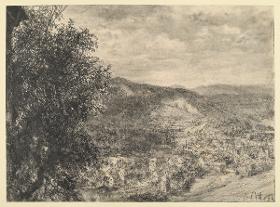 Blick von der Anhöhe auf ein Städtchen im Tal