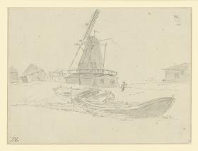Flussufer mit Windmühle, Hütten und mit Booten, wohl in der Umgebung von St. Petersburg
