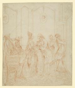 elegante Interieurszene mit drei Paaren (Entwurf für eine Illustration?)