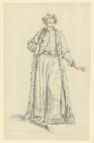 Stehender Mann in langem Gewand mit langem, pelzgesäumtem Mantel