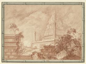 Ruinenlandschaft - Capriccio. Pyramidenstumpf zwischen Ruinen und Bäumen, einige Figuren