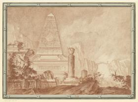 Ruinenlandschaft - Capriccio. Pyramide und zahlreiche Reliefs, rechts Brücke über eine Schlucht