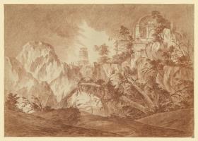 Capriccio. Wilde Landschaft mit Felsen und Bäumen, oben rechts Nymphäum, mittig Quader mit Schriftzeichen