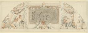 Diana und ihre Nymphen beim Baden entdeckt von Aktaion (Zeichnung nach Eustache Le Sueurs Plafond im Cabinet des bains im Hôtel Lambert)