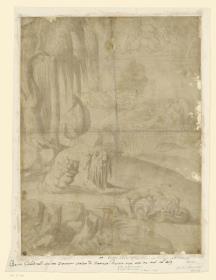 Flussgötter in fantastischer Landschaft mit weiblicher Göttin (Diana oder Selene?) in den Wolken
