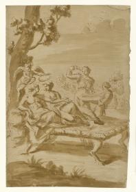 Mythologische Hochzeitsdarstellung, ein Paar auf einer Liege unter einem Baum, umgeben von Assistenzfiguren mit Kränzen