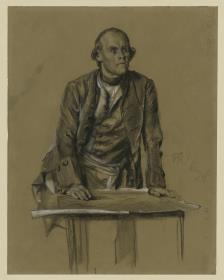 Modellstudie zu Prinz Heinrich von Preussen, Halbfigur en face über einen Tisch gebeugt, "Aus König Friedrichs Zeiten. Kriegs und Friedenshelden", 1856 (zu Bock 1071)